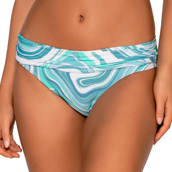 NEW Sunsets Unforgettable Bikini Swim Bottom 27B Moon Tide Print Blue Mint Swirl - Picture 1 of 3
